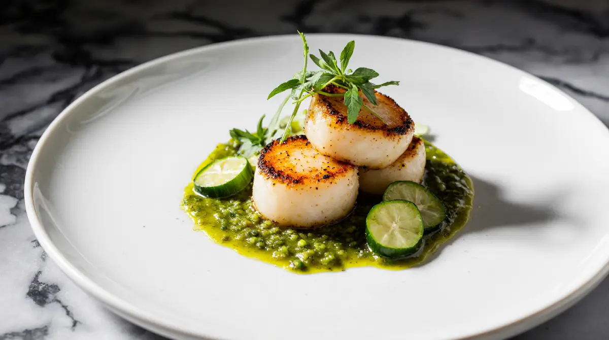 Seared scallops with jalapeño vinaigrette drizzled on top, served on a white plate with microgreens and fresh jalapeño slices.
