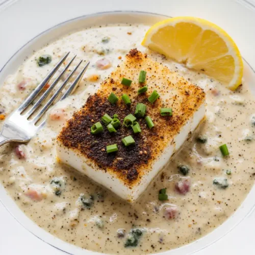 Crispy pan-seared fish fillet with golden brown crust in skillet