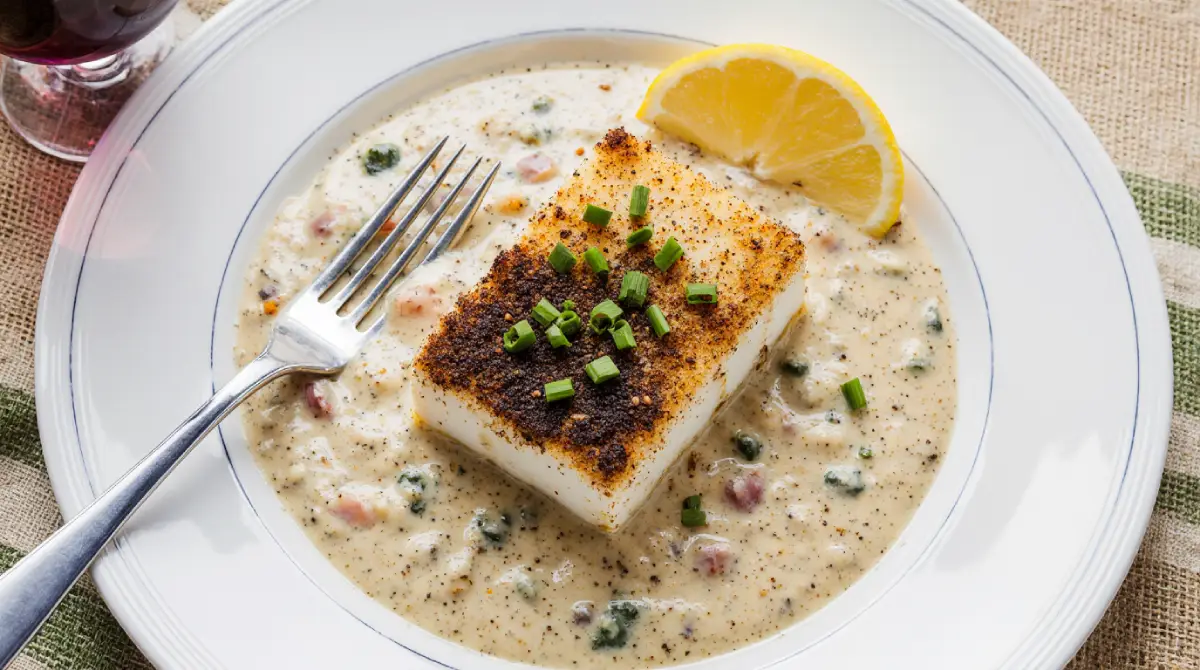 Crispy pan-seared fish fillet with golden brown crust in skillet