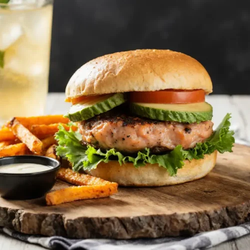 Juicy salmon burgers served with side salad