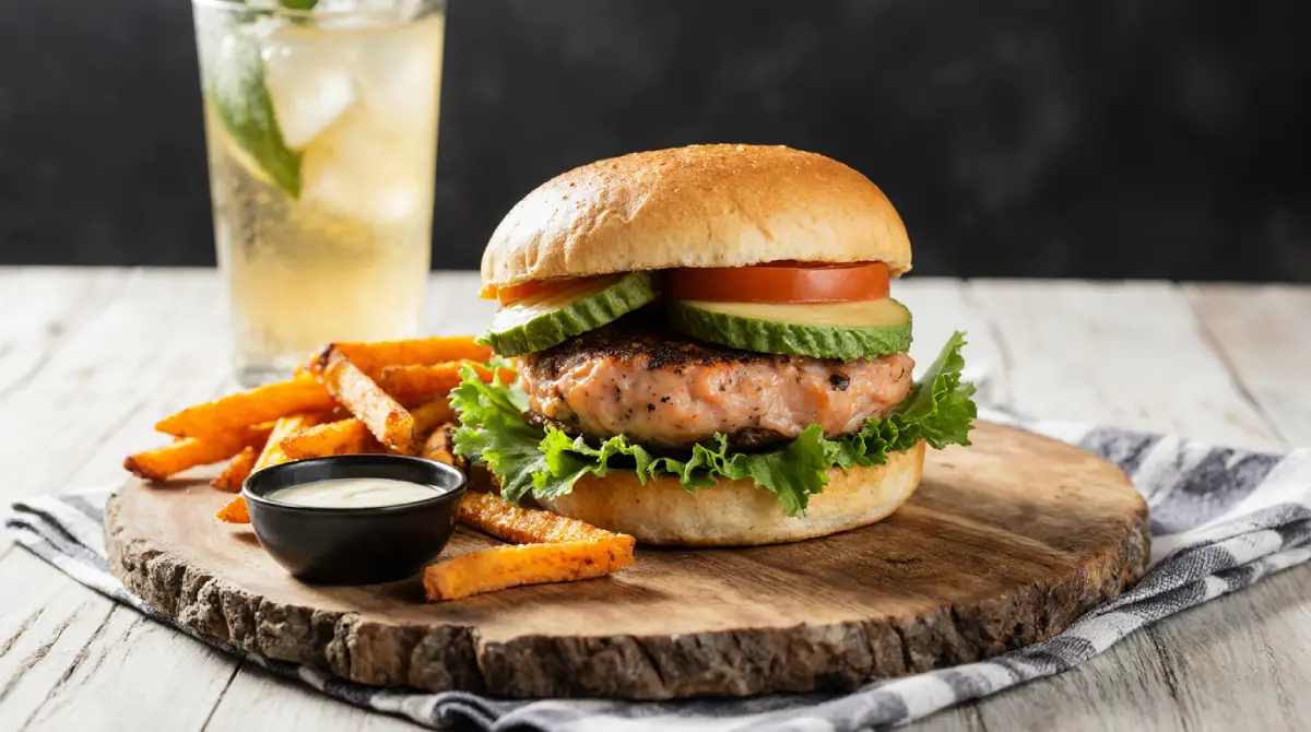 Juicy salmon burgers served with side salad