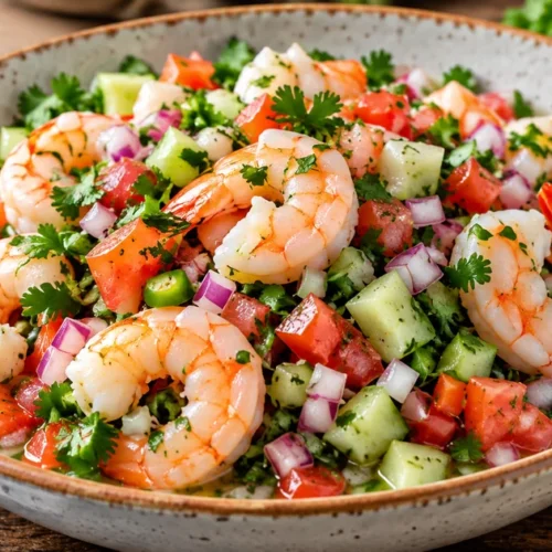Cooked shrimp ceviche with lime, diced tomato, cucumber, red onion and fresh cilantro in a serving bowl