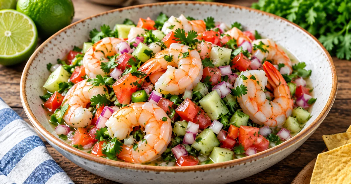Cooked shrimp ceviche with lime, diced tomato, cucumber, red onion and fresh cilantro in a serving bowl