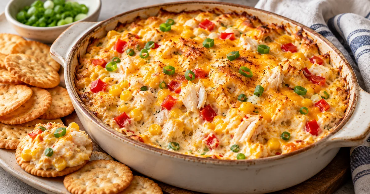 Cowboy crab dip with cooked crab, corn, red bell pepper, scallions and melted cheddar