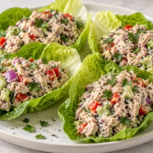 Easy tuna lettuce wraps with canned tuna, crisp lettuce, celery, red bell pepper, and fresh herbs