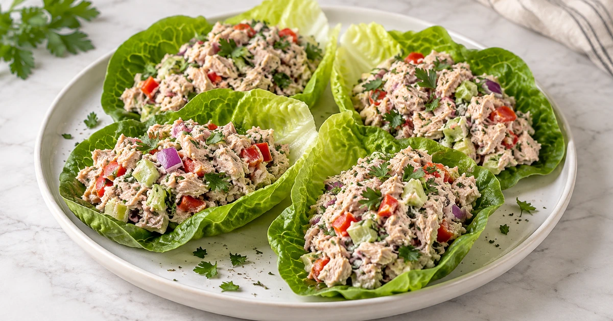 Easy tuna lettuce wraps with canned tuna, crisp lettuce, celery, red bell pepper, and fresh herbs