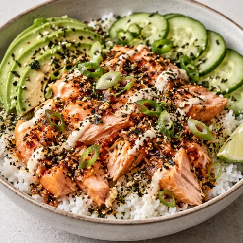 Smoked salmon rice bowl with avocado cucumber scallions and chili crisp