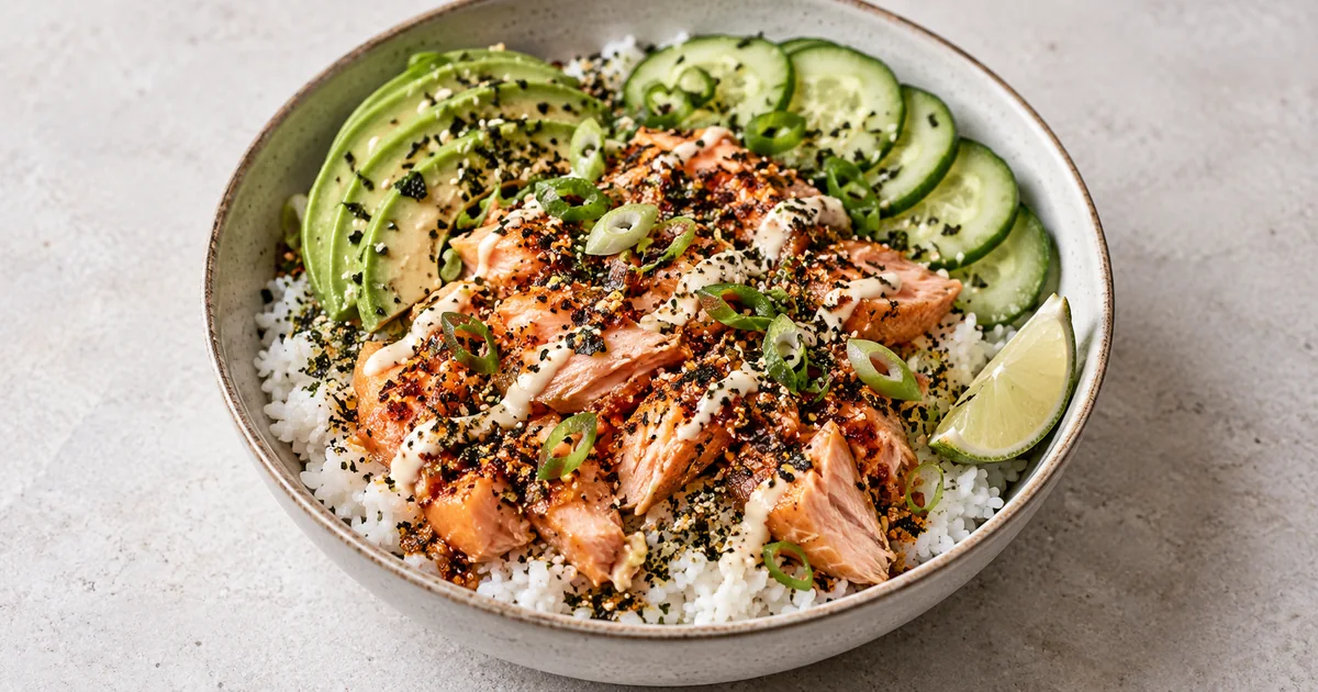 Smoked salmon rice bowl with avocado cucumber scallions and chili crisp