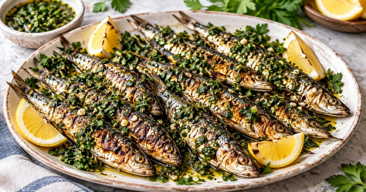 Grilled sardines with parsley-cilantro chermoula and lemon wedges