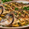 Grilled sea bream served whole with lemon slices, parsley, and olive oil on a platter.