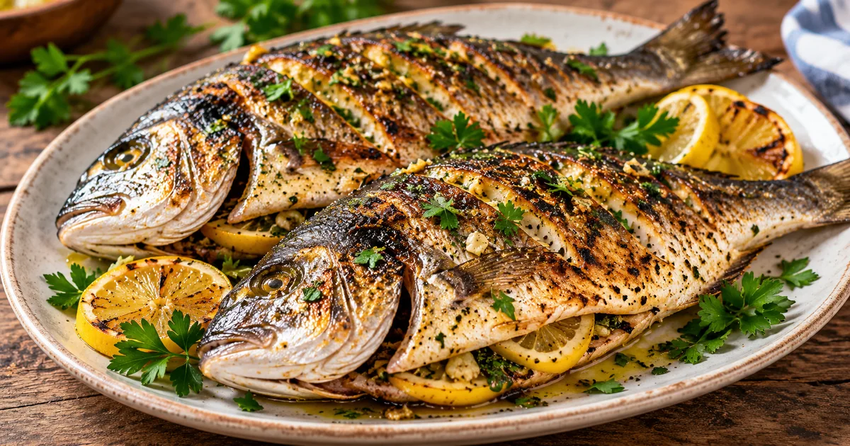 Grilled sea bream served whole with lemon slices, parsley, and olive oil on a platter.