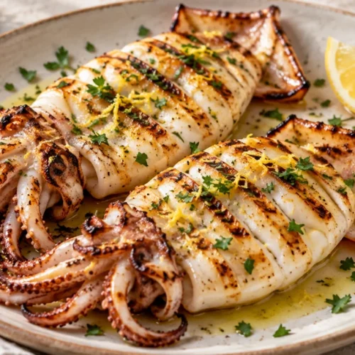 Grilled squid with lemon and olive oil, topped with chopped parsley and served with lemon wedges