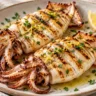 Grilled squid with lemon and olive oil, topped with chopped parsley and served with lemon wedges