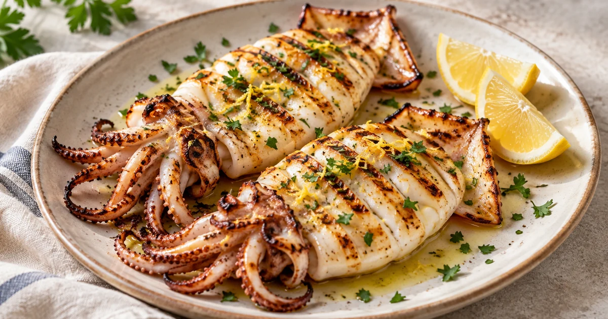Grilled squid with lemon and olive oil, topped with chopped parsley and served with lemon wedges