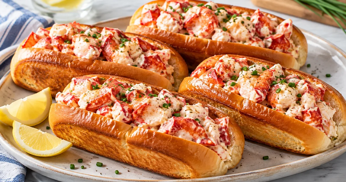 Four Maine-style lobster rolls with chilled lobster in lemon-chive mayonnaise on butter-toasted split-top buns