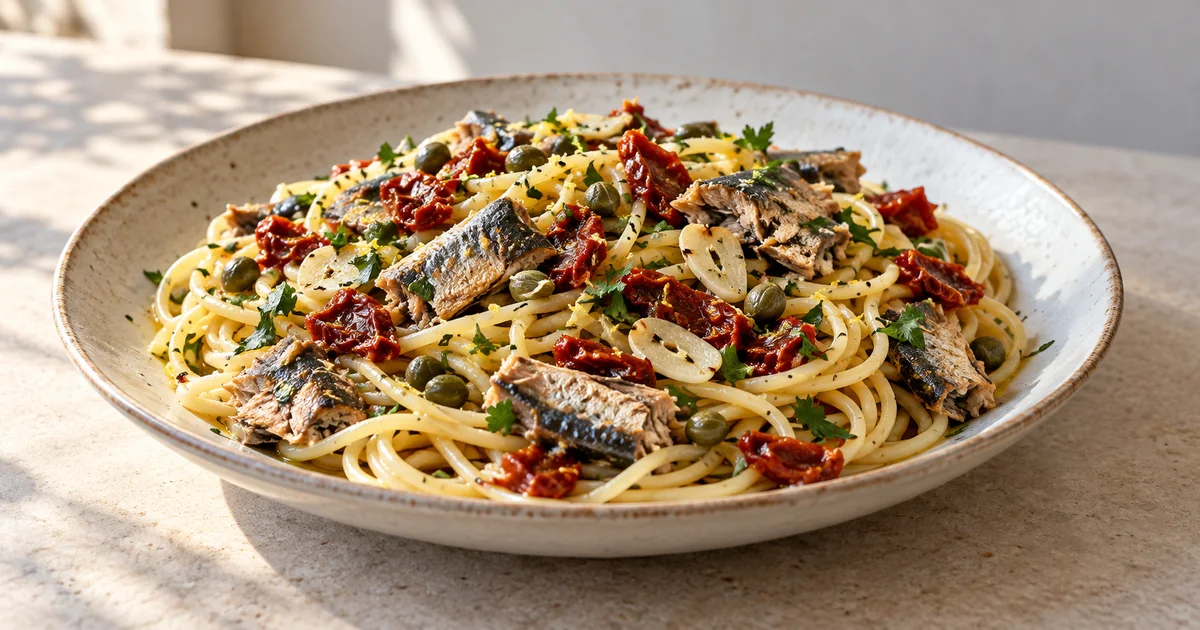 Sardine pasta with sun-dried tomatoes and capers
