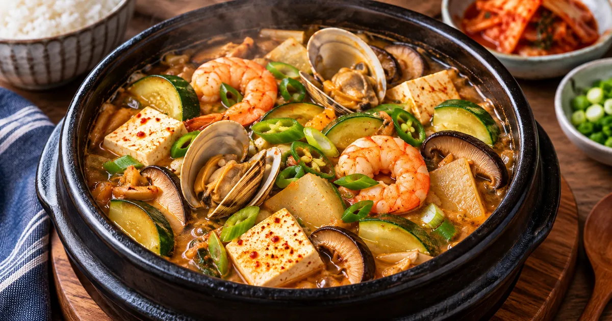 Korean seafood doenjang jjigae with shrimp, open clams, tofu and vegetables in soybean paste broth
