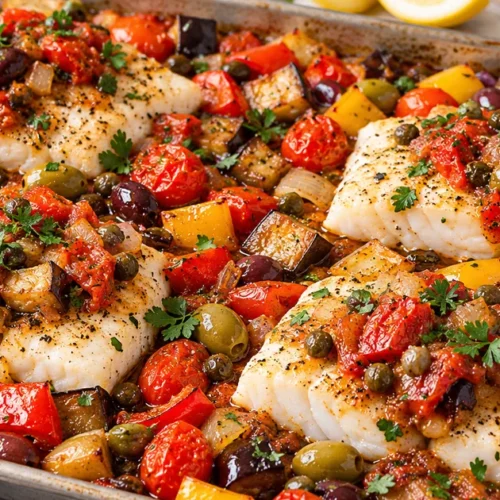 Sheet pan cod with roasted eggplant, red peppers, cherry tomatoes, olives and capers