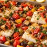 Sheet pan cod with roasted eggplant, red peppers, cherry tomatoes, olives and capers