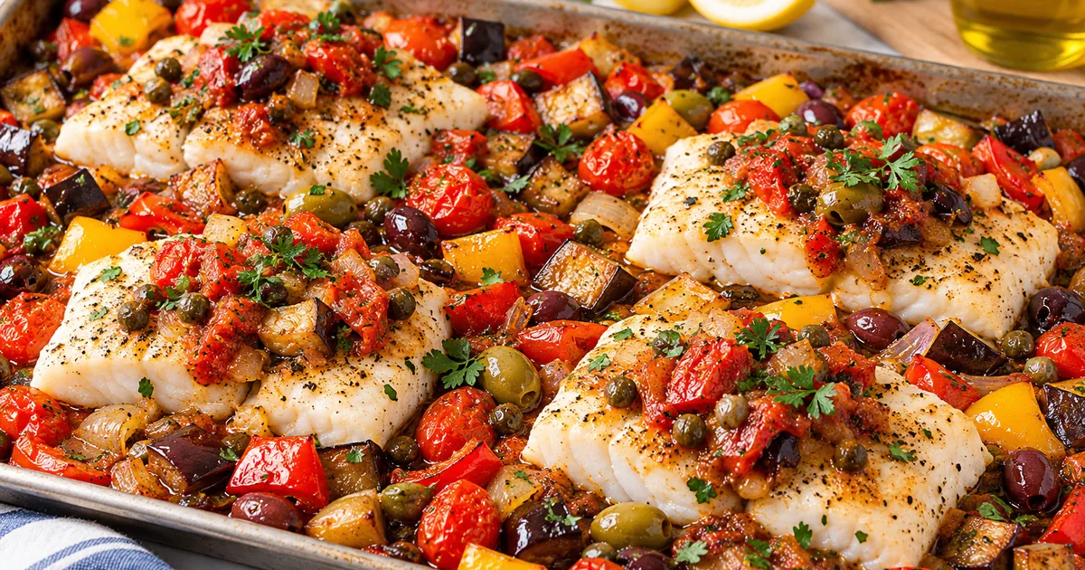 Sheet pan cod with roasted eggplant, red peppers, cherry tomatoes, olives and capers