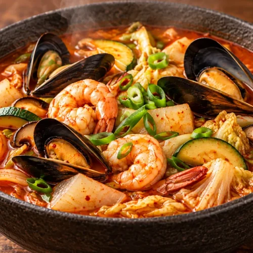 Spicy Korean seafood soup with shrimp, mussels, zucchini, mushrooms and scallions in a red broth