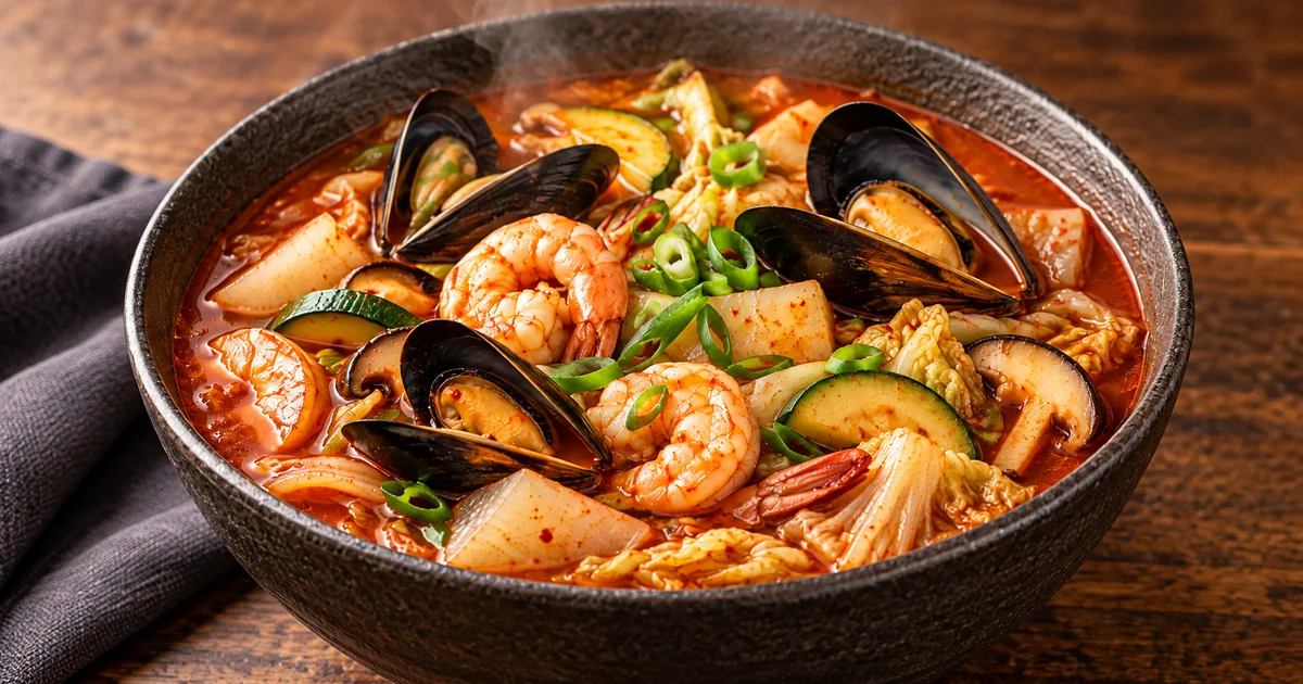 Spicy Korean seafood soup with shrimp, mussels, zucchini, mushrooms and scallions in a red broth