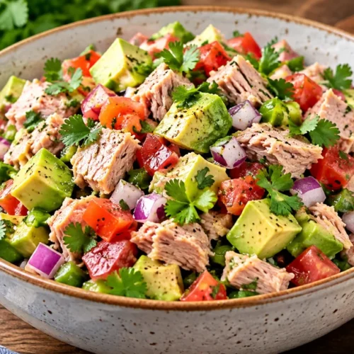 Tuna avocado salsa with canned tuna, diced avocado, tomato, red onion and cilantro served with lime