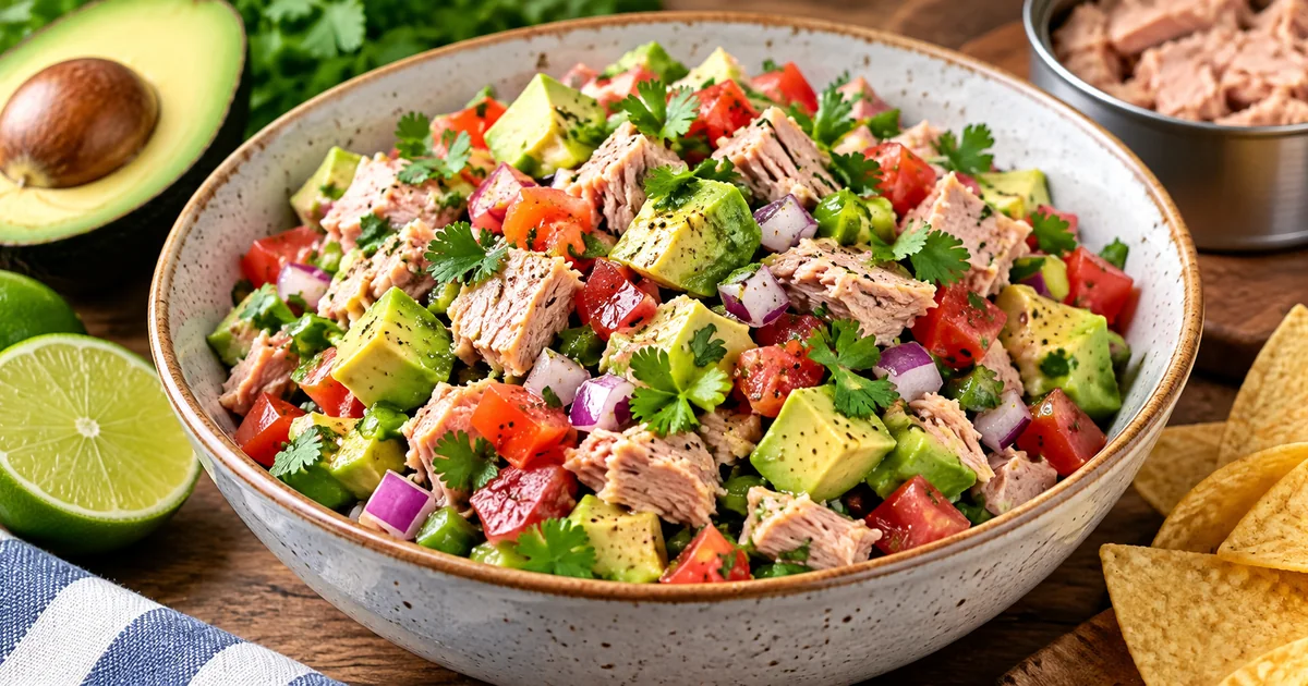 Tuna avocado salsa with canned tuna, diced avocado, tomato, red onion and cilantro served with lime