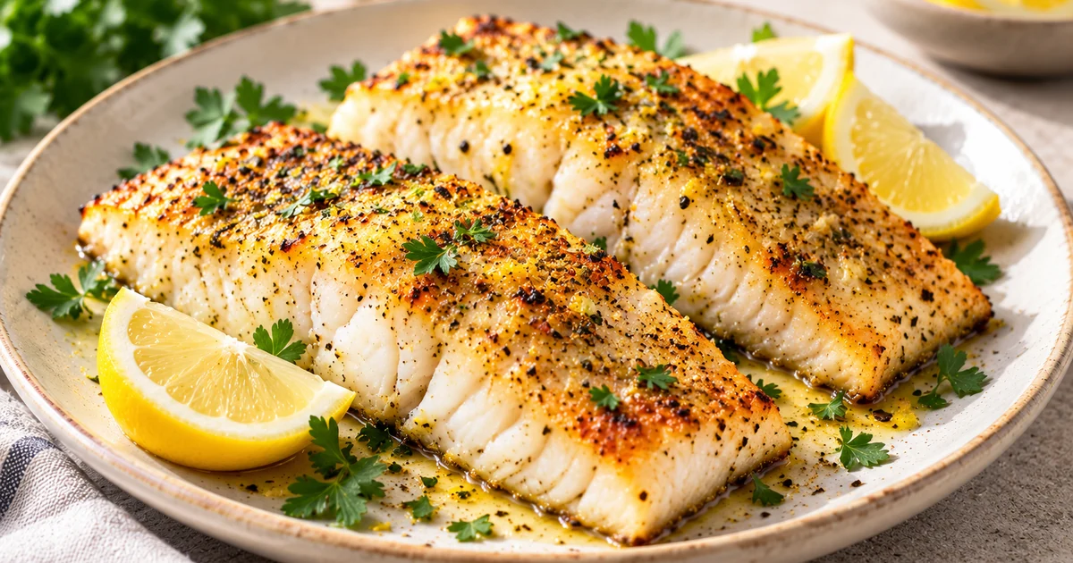 Golden air fryer cod fillets with lemon pepper, parsley and lemon wedges on a ceramic plate