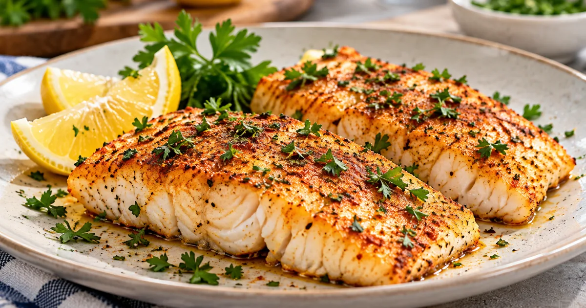 Golden air-fried pollock fillets seasoned with paprika and parsley, plated with fresh lemon wedges