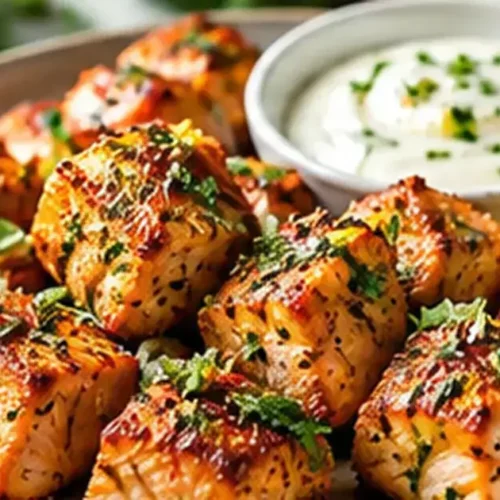 Air fryer salmon bites with garlic and lemon