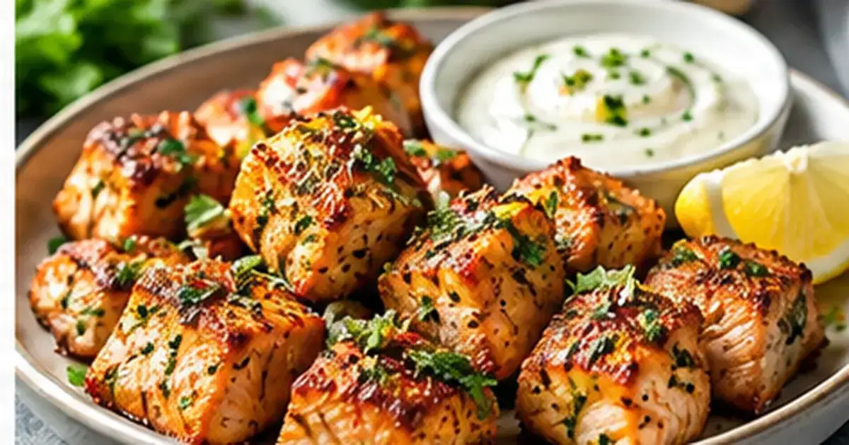 Air fryer salmon bites with garlic and lemon