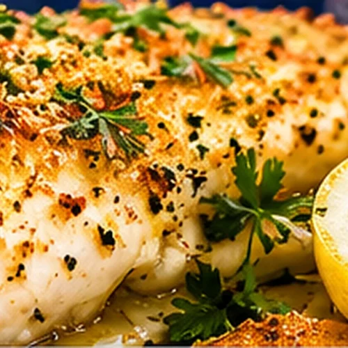 Baked haddock fillets with golden crispy garlic herb breadcrumbs, fresh parsley and lemon
