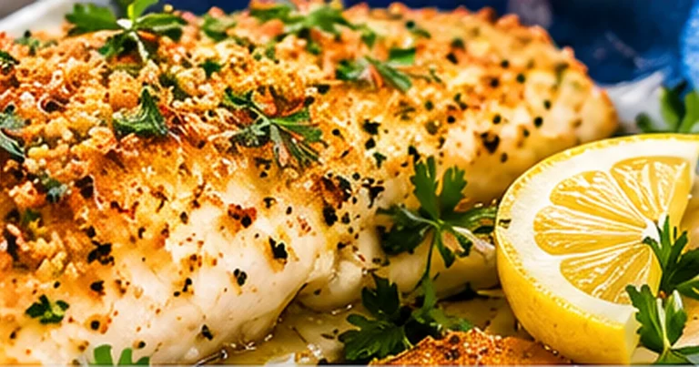 Baked haddock fillets with golden crispy garlic herb breadcrumbs, fresh parsley and lemon