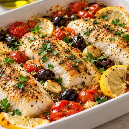 Oven-baked hake fillets with cherry tomatoes, black olives, roasted garlic, lemon and parsley in a ceramic dish
