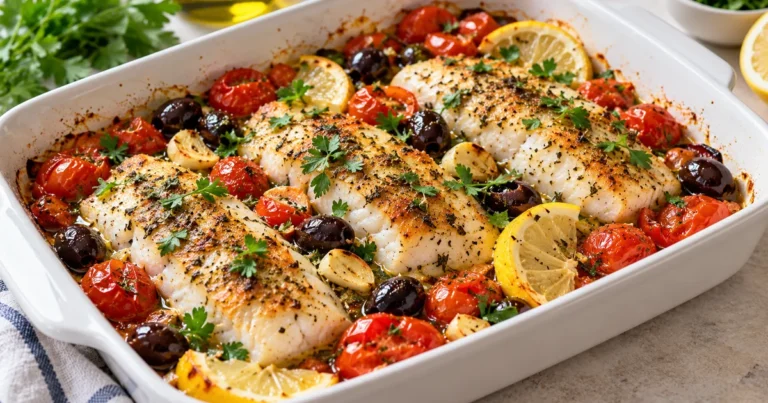 Oven-baked hake fillets with cherry tomatoes, black olives, roasted garlic, lemon and parsley in a ceramic dish