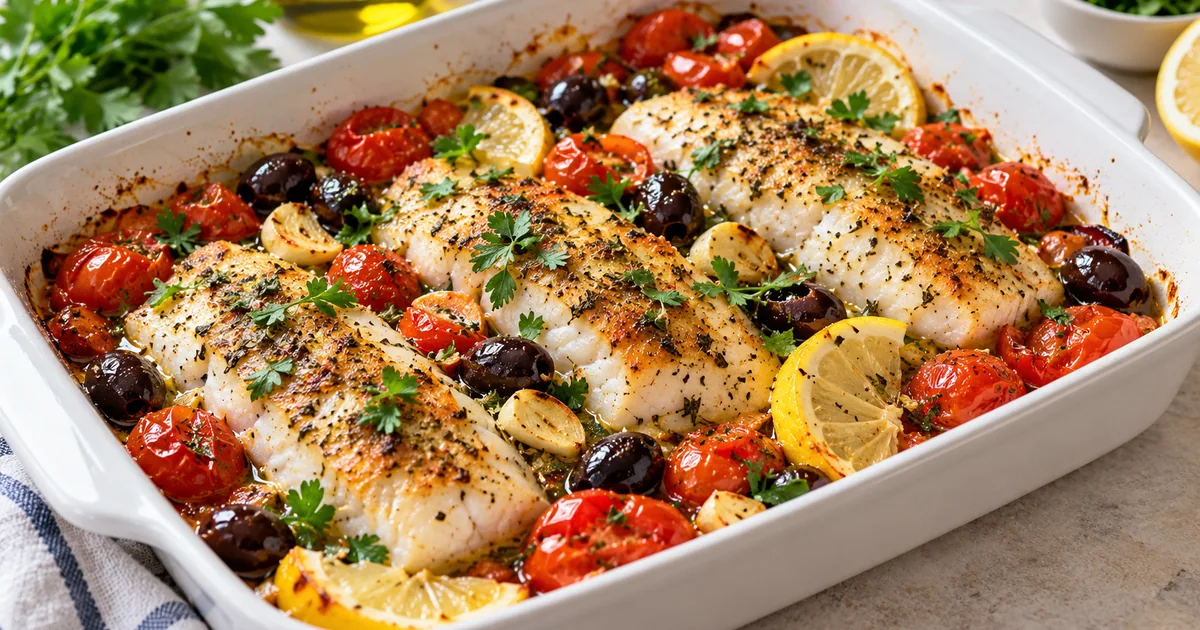 Oven-baked hake fillets with cherry tomatoes, black olives, roasted garlic, lemon and parsley in a ceramic dish