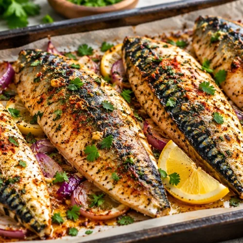 Baked mackerel with lemon, garlic, parsley, and herbs