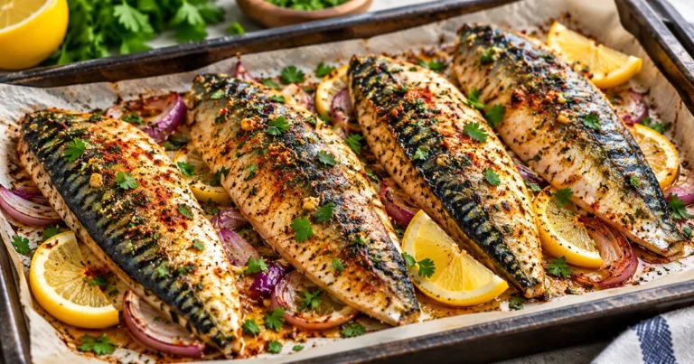Baked mackerel with lemon, garlic, parsley, and herbs