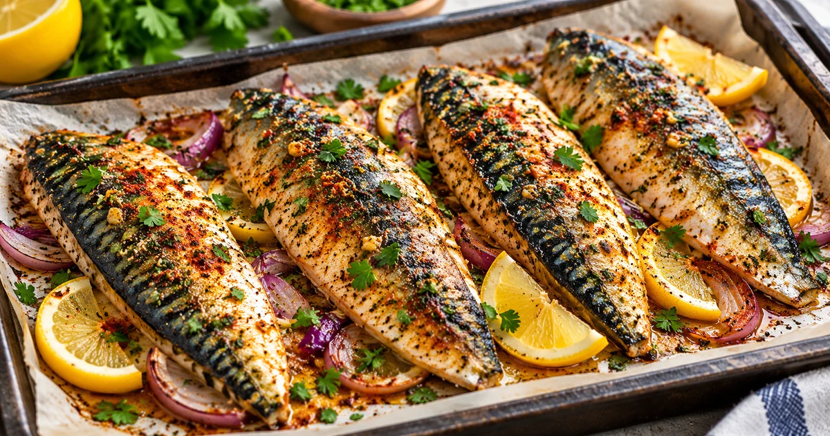 Baked mackerel with lemon, garlic, parsley, and herbs