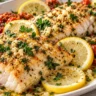 Baked mahi mahi fillets with garlic, lemon, herbs and cherry tomatoes
