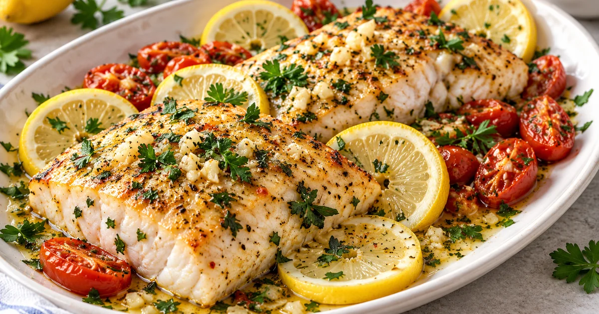 Baked mahi mahi fillets with garlic, lemon, herbs and cherry tomatoes
