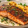 Blackened salmon fillet with Cajun-style spice crust, lemon and fresh parsley