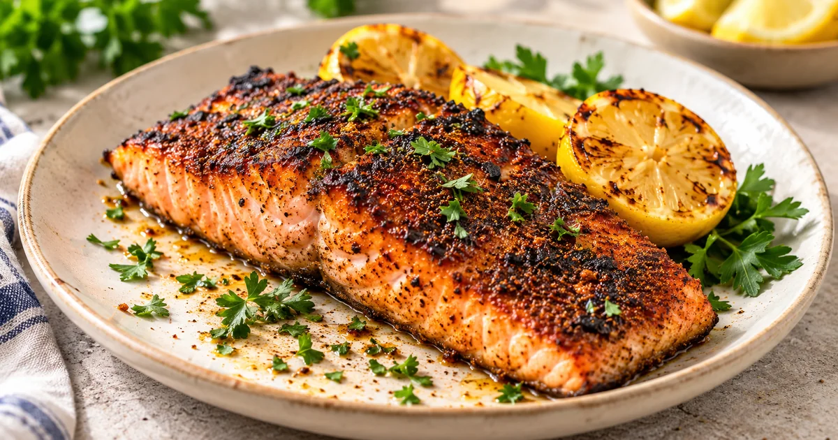 Blackened salmon fillet with Cajun-style spice crust, lemon and fresh parsley