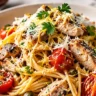 Canned mackerel pasta with tomato, lemon, and capers