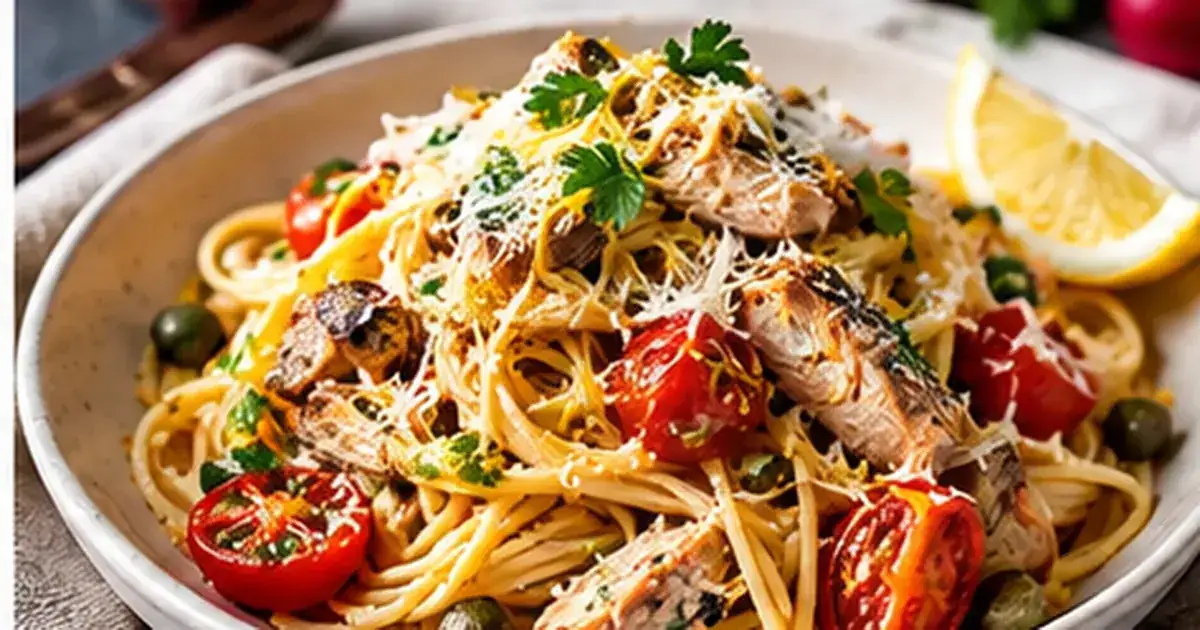 Canned mackerel pasta with tomato, lemon, and capers