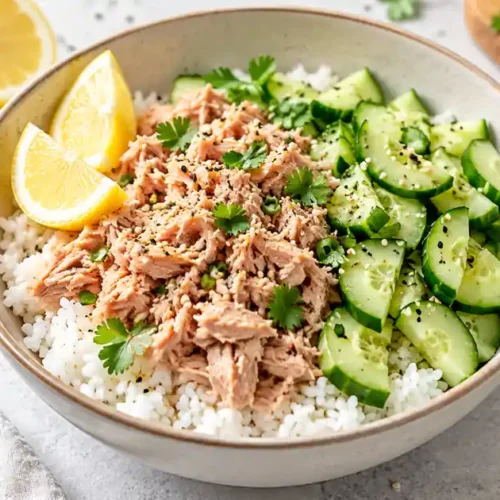 Canned Tuna Rice Bowl with Cucumber and Lemon