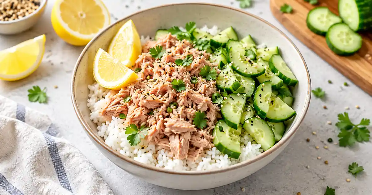 Canned Tuna Rice Bowl with Cucumber and Lemon
