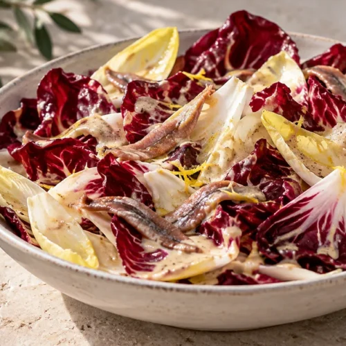 Chicory salad with lemon-anchovy dressing, radicchio, endive, and lemon zest