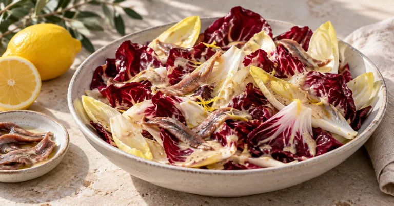 Chicory salad with lemon-anchovy dressing, radicchio, endive, and lemon zest